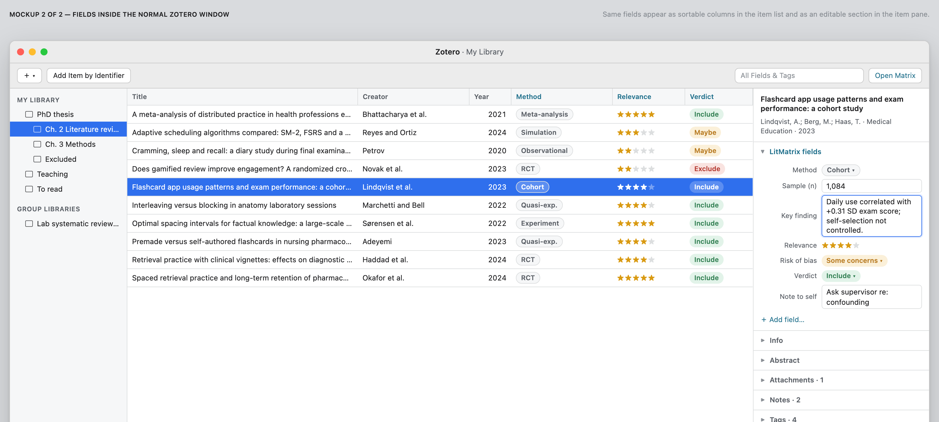 Zotero main window with LitMatrix fields as columns and an editable item-pane section